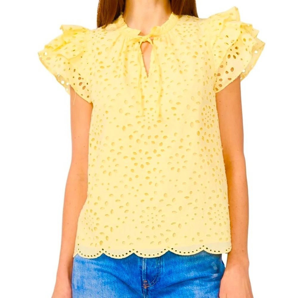 Women's Yellow Eyelet Flutter Sleeve Blouse